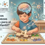 Infografía educativa sobre cómo los rompecabezas desarrollan el pensamiento lógico y la cognición corporizada en niños de preescolar.