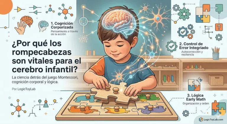 Infografía educativa sobre cómo los rompecabezas desarrollan el pensamiento lógico y la cognición corporizada en niños de preescolar.