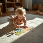 Un bebé rubio jugando con un rompecabezas de piezas grandes en el suelo de una habitación soleada.