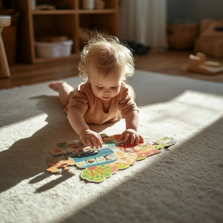 Un bebé rubio jugando con un rompecabezas de piezas grandes en el suelo de una habitación soleada.