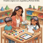 Una madre hispana enseña a sus dos hijos de diferentes edades a identificar patrones AB y ABB usando frutas, bloques y fichas de lógica de LogicToyLab.