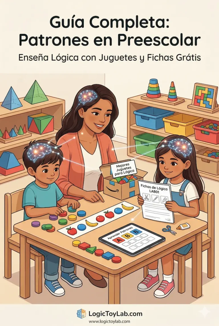 Cómo Enseñar Patrones a Dos Hijos de Diferente Edad (Sin Que Acabe en Pelea) 2 Una madre hispana enseña a sus dos hijos de diferentes edades a identificar patrones AB y ABB usando frutas, bloques y fichas de lógica de LogicToyLab.