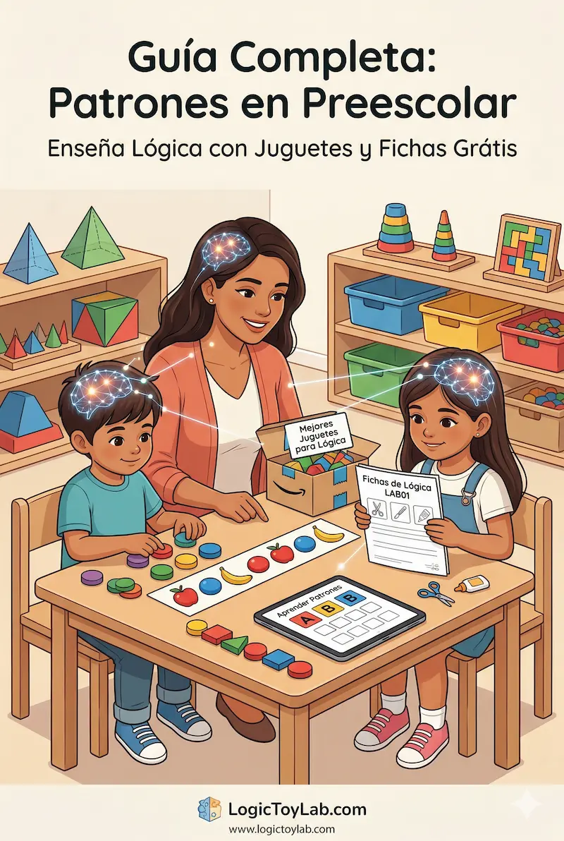 Una madre hispana enseña a sus dos hijos de diferentes edades a identificar patrones AB y ABB usando frutas, bloques y fichas de lógica de LogicToyLab.