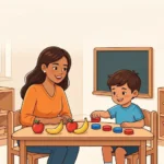 Una madre hispana y su hijo de preescolar practicando el reconocimiento de patrones AB (🔵🔴🔵🔴) en una mesa de aprendizaje Montessori con bloques de colores y frutas.