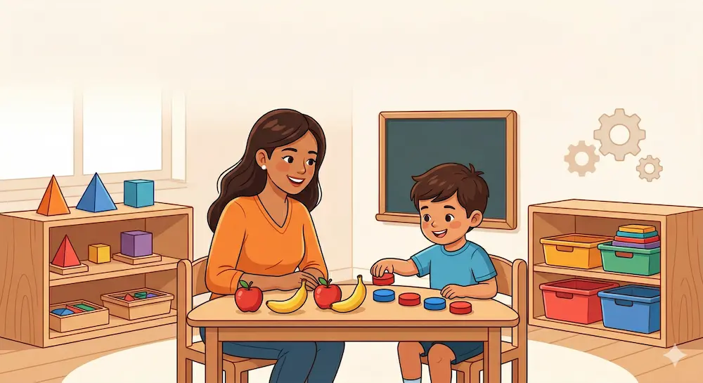 Una madre hispana y su hijo de preescolar practicando el reconocimiento de patrones AB (🔵🔴🔵🔴) en una mesa de aprendizaje Montessori con bloques de colores y frutas.