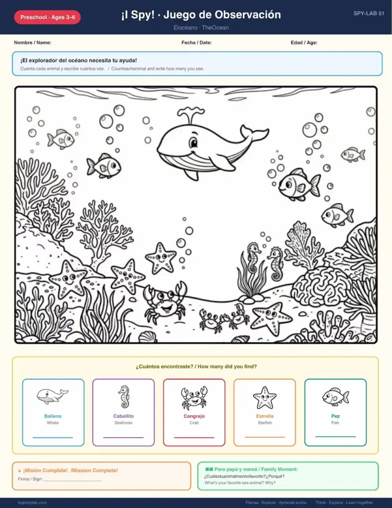 Veo Veo: El Océano – Juego de Observación Imprimible Gratis 1 Hoja imprimible I Spy océano para preescolar – actividad bilingüe de observación y conteo para niños de 3 a 6 años