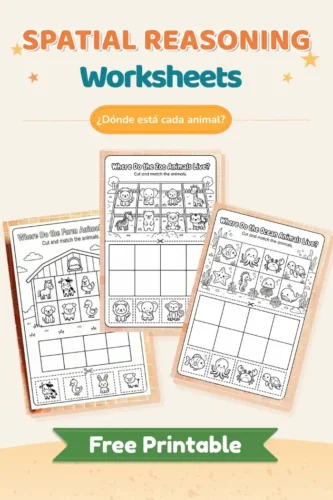 Actividad de pensamiento espacial para niños 3-6 años, hoja imprimible para clasificar animales de granja, zoo y océano (preschool printable)
