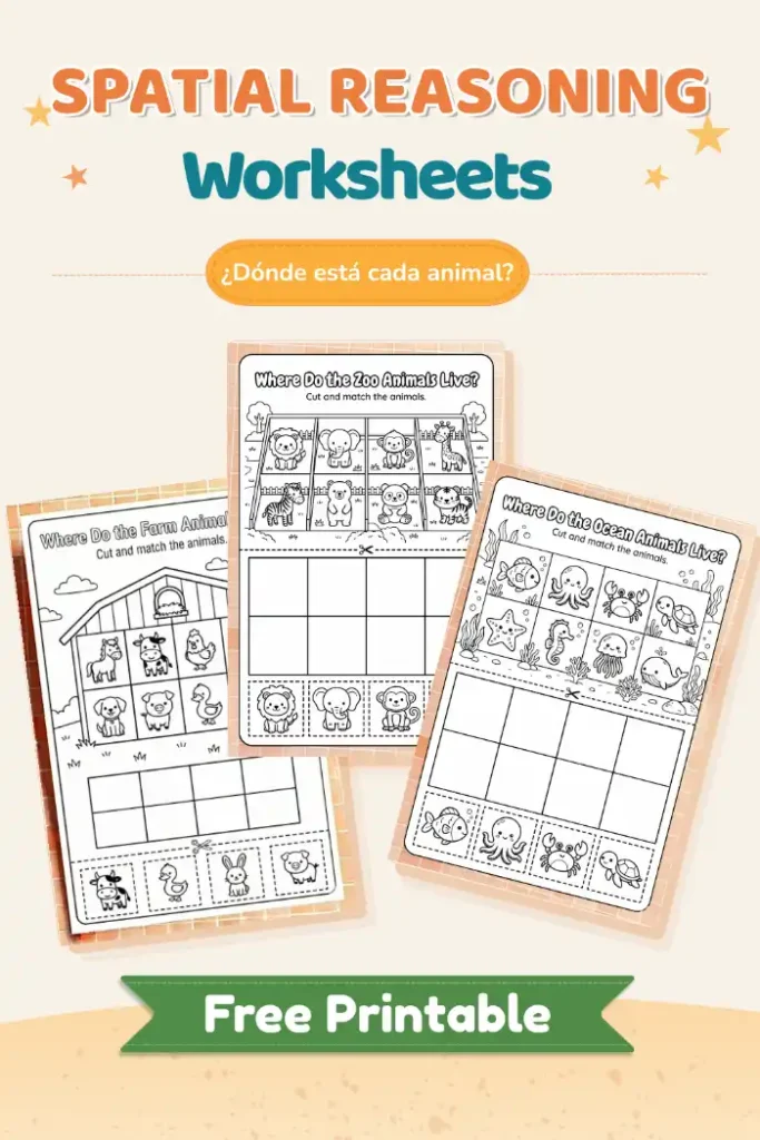 Where Do Animals Live? Bilingual Spanish & English Cut and Paste Worksheets for Preschool (Ages 3–6) 4 Actividad de pensamiento espacial para niños 3-6 años, hoja imprimible para clasificar animales de granja, zoo y océano (preschool printable)