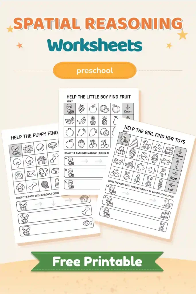 Draw the Path Worksheets for Kids – Spatial Reasoning Activities (Spanish & English Free Printable Ages 3–6) 4 Actividad de pensamiento espacial para niños 3-6 años, hojas imprimibles para dibujar caminos con flechas (draw the path worksheets preschool)