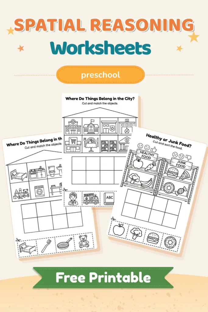 Actividad de pensamiento espacial para niños 3-6 años, hojas imprimibles para clasificar objetos de casa, ciudad y alimentos (preschool printable)