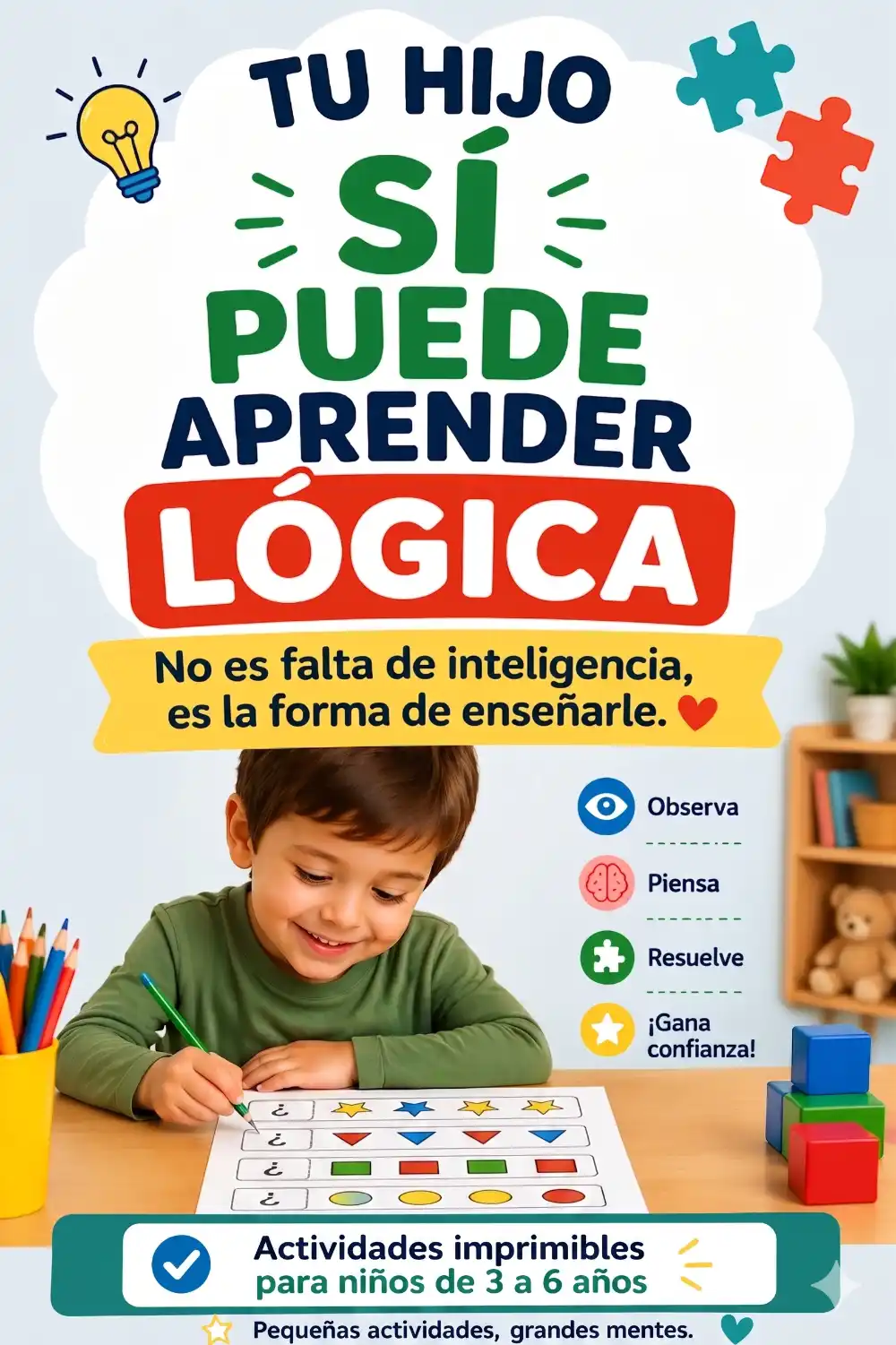Un niño pequeño resolviendo felizmente una hoja de actividades de lógica con patrones de formas geométricas, ilustrando cómo los niños de 3 a 6 años pueden aprender razonamiento lógico a través del juego.