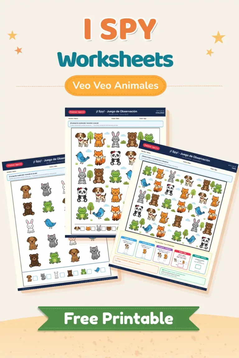 ¡I Spy! Mundo Animal — Actividad Imprimible Gratis para Preescolar (3 Niveles) 1 A child focused on an animal world I spy worksheet at a wooden desk, screen-free learning.