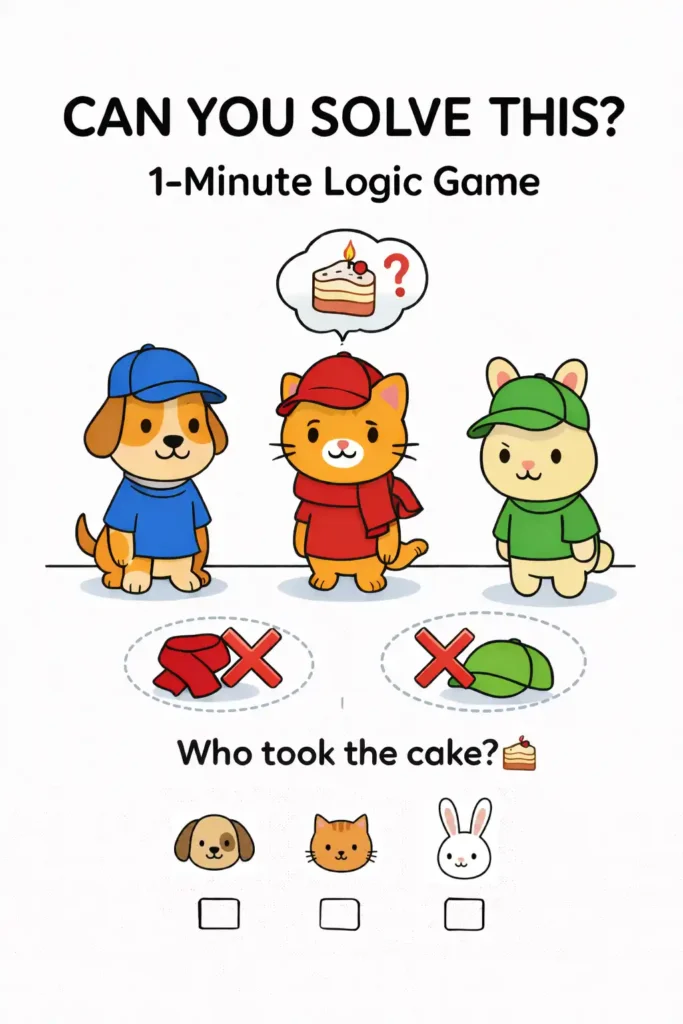 Juego de lógica detective para preescolar — ¿Quién tomó el pastel? Actividad imprimible con pistas visuales para niños de 3 a 6 años