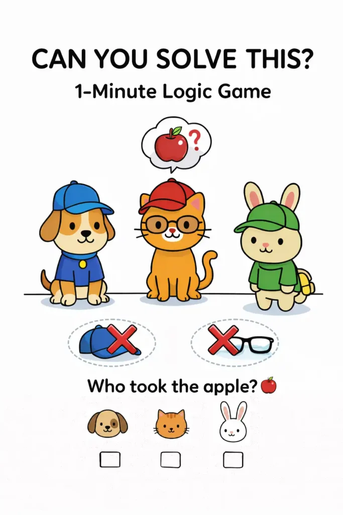 Juego de lógica detective para preescolar — ¿Quién tomó la manzana? Actividad imprimible con pistas visuales para niños de 3 a 6 años