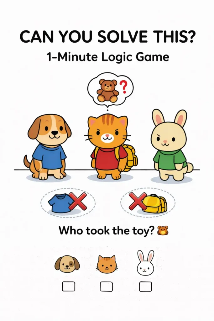 Juego de lógica detective para preescolar — ¿Quién tomó el juguete? Actividad imprimible con pistas visuales para niños de 3 a 6 años