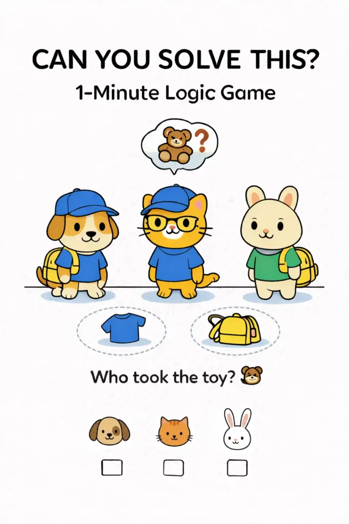 Who Has Both Clues? Preschool Logic Detective Game (Printable) · ¿Quién Tiene las Dos Pistas? Imprimible Gratis 4 Actividad de lógica para niños con personajes y pistas visuales sobre quién tomó el juguete