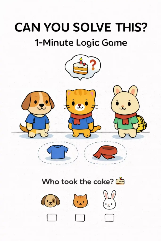 Who Has Both Clues? Preschool Logic Detective Game (Printable) · ¿Quién Tiene las Dos Pistas? Imprimible Gratis 2 Juego lógico para niños donde deben descubrir quién tomó el pastel usando pistas visuales