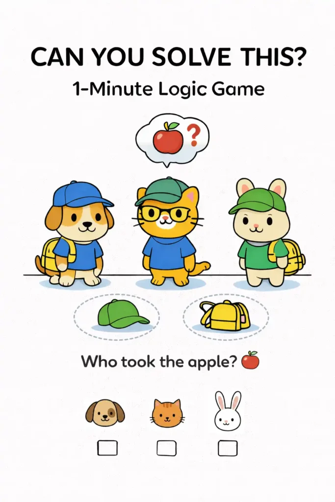 Who Has Both Clues? Preschool Logic Detective Game (Printable) · ¿Quién Tiene las Dos Pistas? Imprimible Gratis 3 Juego de lógica infantil con pistas visuales para descubrir quién tomó la manzana