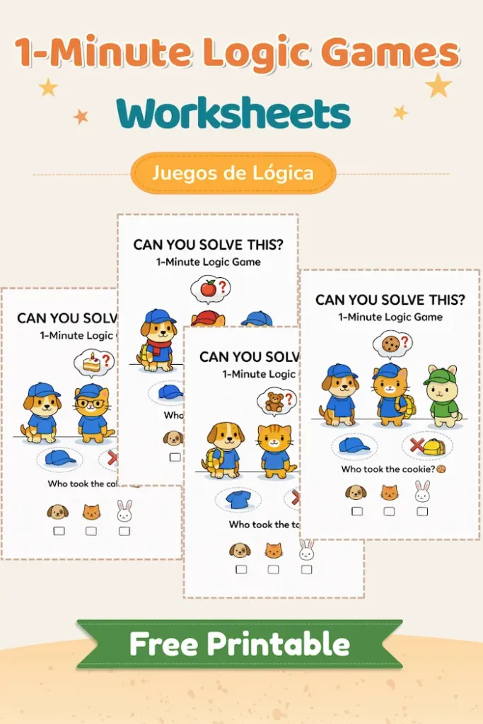 Juegos de Lógica con Pistas Mixtas para Preescolar — 4 Misterios para Resolver (Gratis, 3–6 años) 1 juegos logica detective coleccion preescolar imprimible gratis mixtas