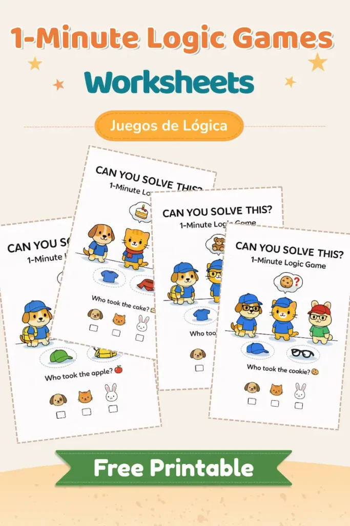 ¿Quién tiene las dos pistas? Juego de Lógica Detective para Preescolar — Imprimible Gratis 1 Juegos de lógica para niños imprimibles con actividades de 1 minuto para resolver con pistas visuales