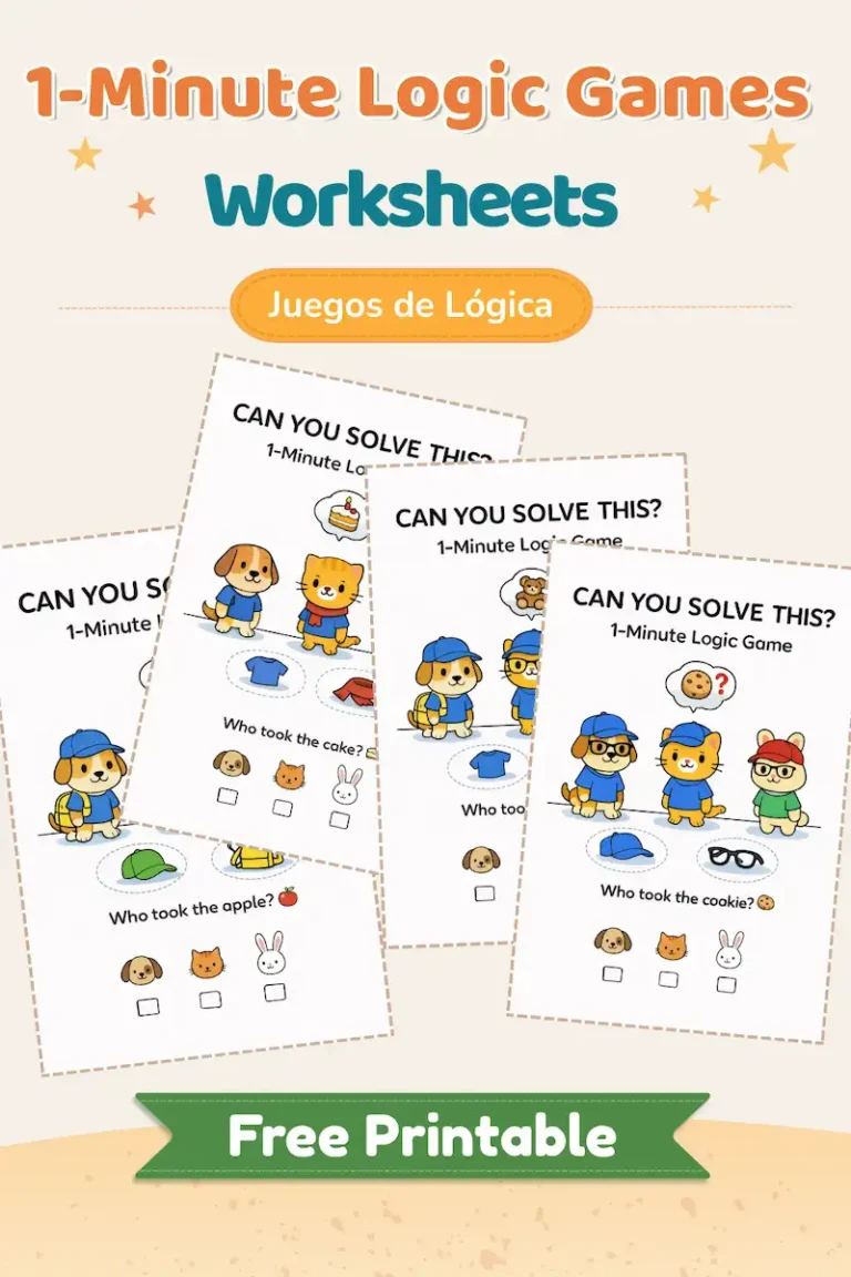 Juegos de lógica para niños imprimibles con actividades de 1 minuto para resolver con pistas visuales