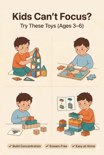 Ilustración de niños concentrados jugando con juguetes educativos para mejorar la atención y concentración