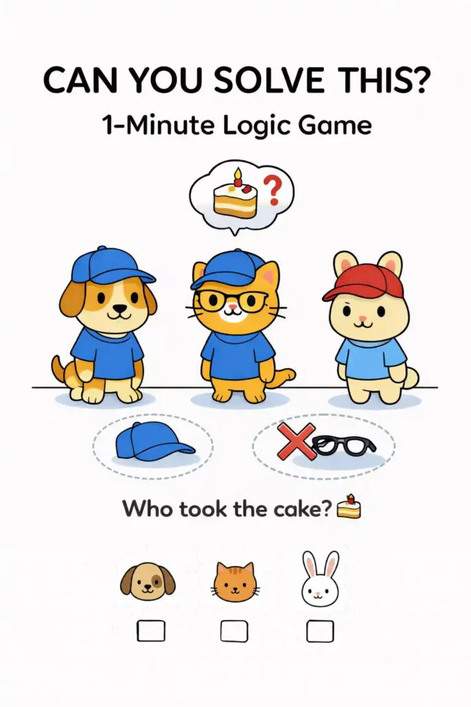 Juego de lógica para preescolar con perro, gato y conejo para descubrir quién tomó el pastel usando pistas visuales mixtas.