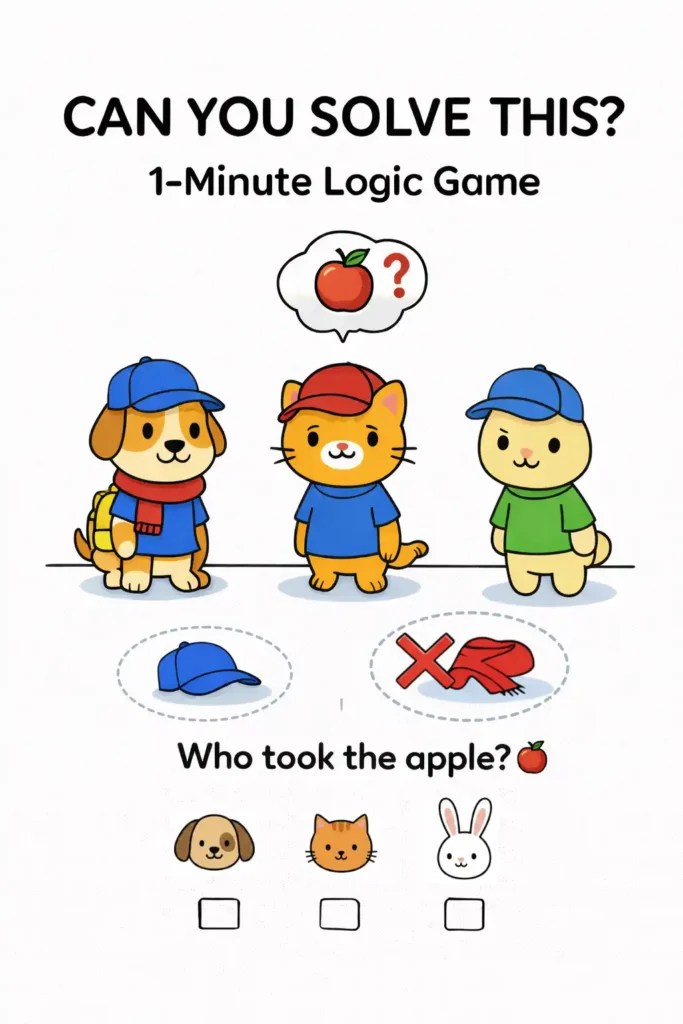 Actividad de lógica para niños con perro, gato y conejo para descubrir quién tomó la manzana usando pistas visuales.