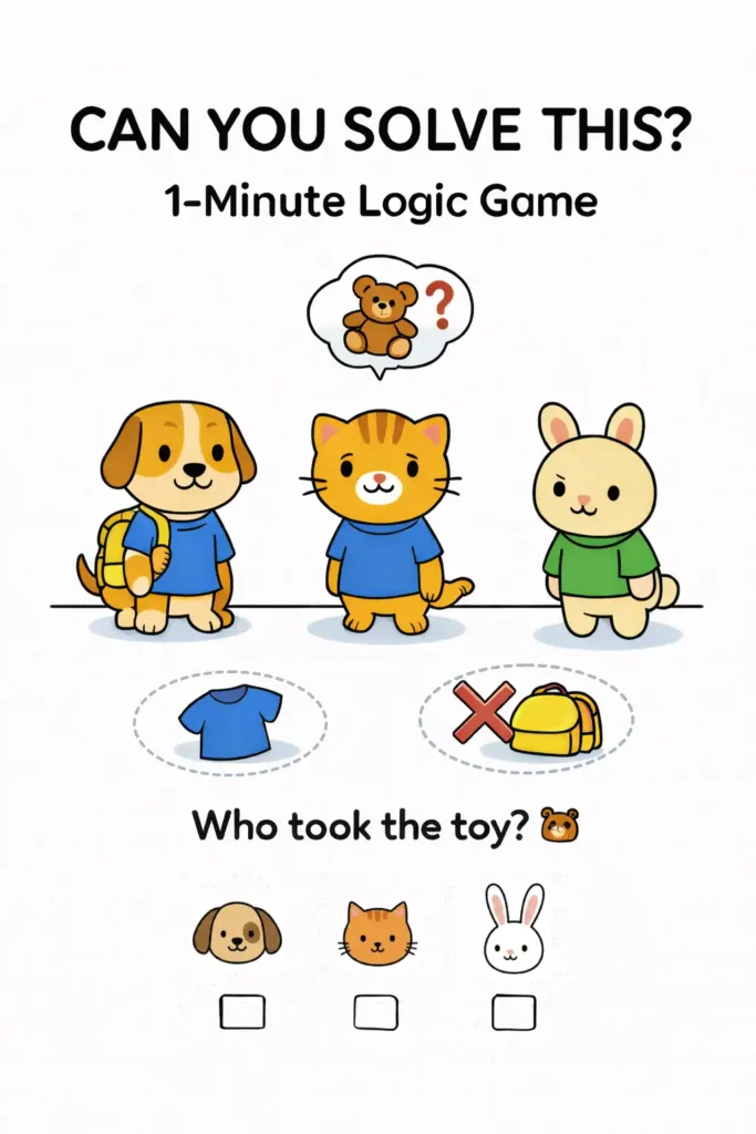 Juego lógico infantil con perro, gato y conejo para descubrir quién tomó el juguete mediante pistas visuales mixtas.