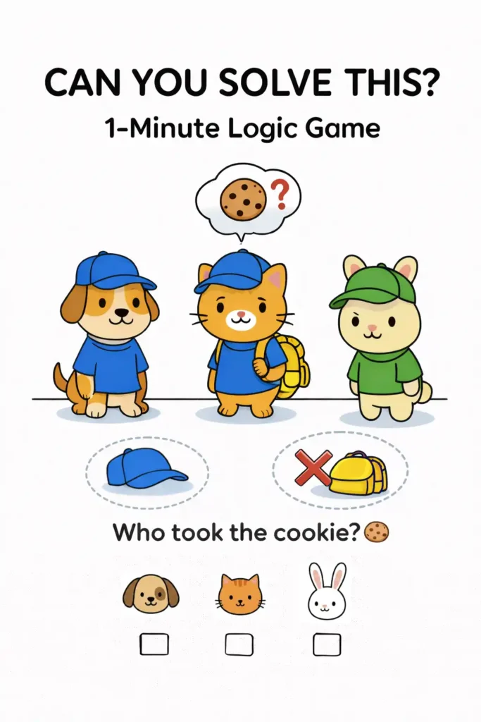 Juego de lógica para preescolar con pistas visuales para descubrir quién tomó la galleta entre tres personajes.