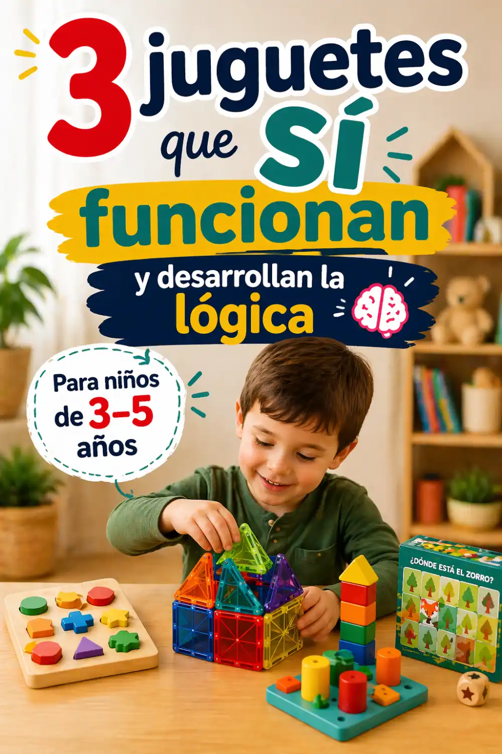 Un niño preescolar jugando con bloques magnéticos, rompecabezas de formas y juegos de construcción, representando los 3 mejores juguetes para desarrollar la lógica en niños de 3 a 5 años según LogicToy Lab.