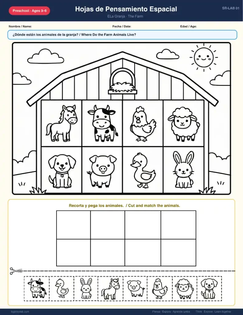 Where Do Animals Live? Bilingual Spanish & English Cut and Paste Worksheets for Preschool (Ages 3–6) 1 Actividad de clasificar animales de la granja para niños, hoja imprimible de recortar y pegar para preescolar (farm animals matching worksheet)