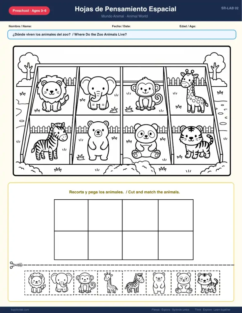 Where Do Animals Live? Bilingual Spanish & English Cut and Paste Worksheets for Preschool (Ages 3–6) 2 Actividad de animales del zoo para niños, hoja imprimible de clasificar y pegar animales en su lugar (zoo animals matching worksheet preschool)