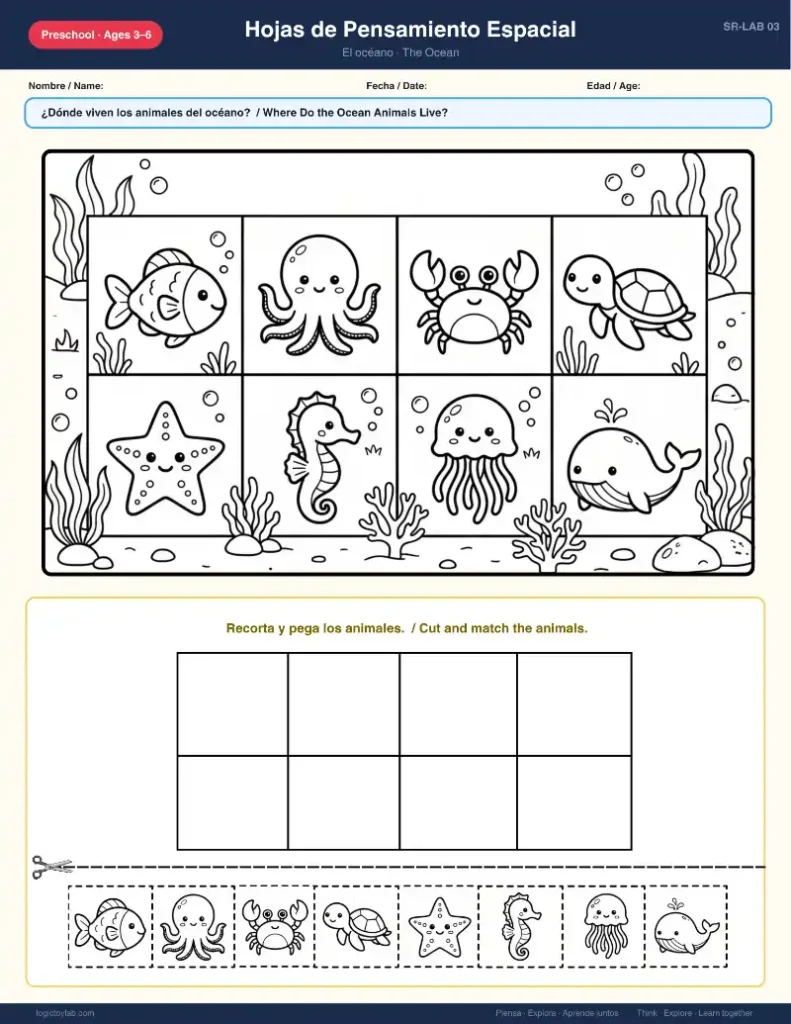 Where Do Animals Live? Bilingual Spanish & English Cut and Paste Worksheets for Preschool (Ages 3–6) 3 Actividad de animales del océano para niños 3-6 años, hoja imprimible para clasificar peces, pulpo y otros animales marinos (ocean animals matching worksheet)