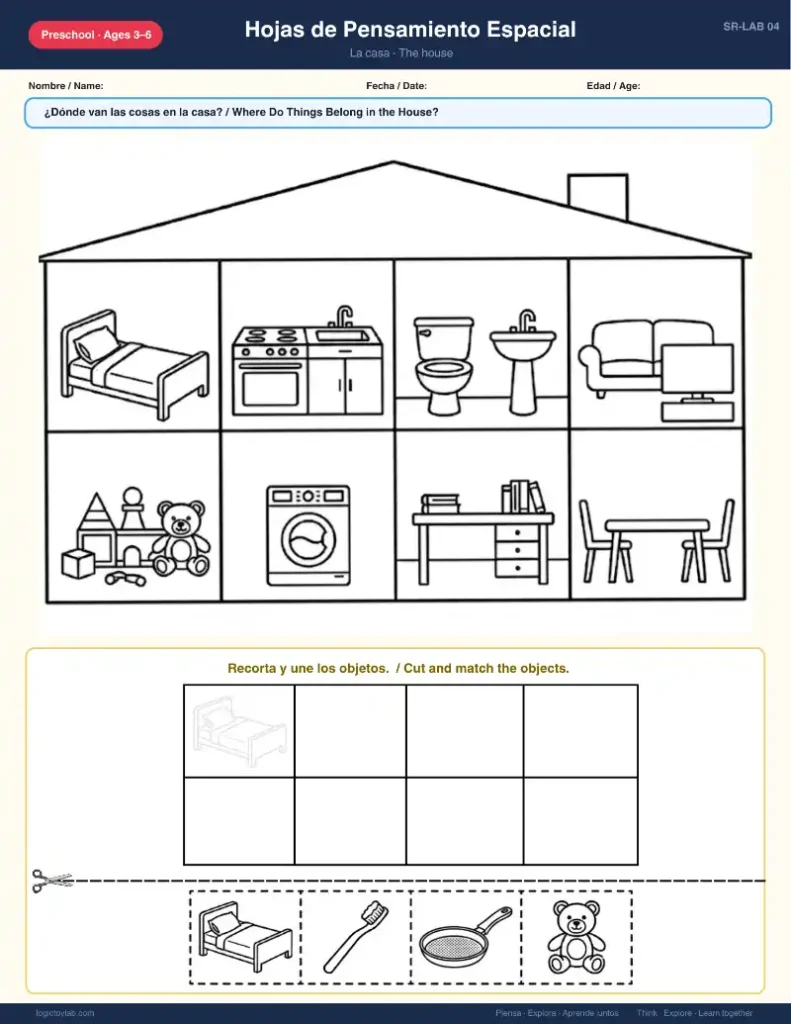 Where Do Things Belong? Spatial Reasoning Worksheets for Kids (Spanish & English, Free Printable PDF Ages 3–6) 1 Actividad de clasificar objetos de la casa para niños, hoja imprimible de recortar y pegar en diferentes habitaciones (preschool worksheet)