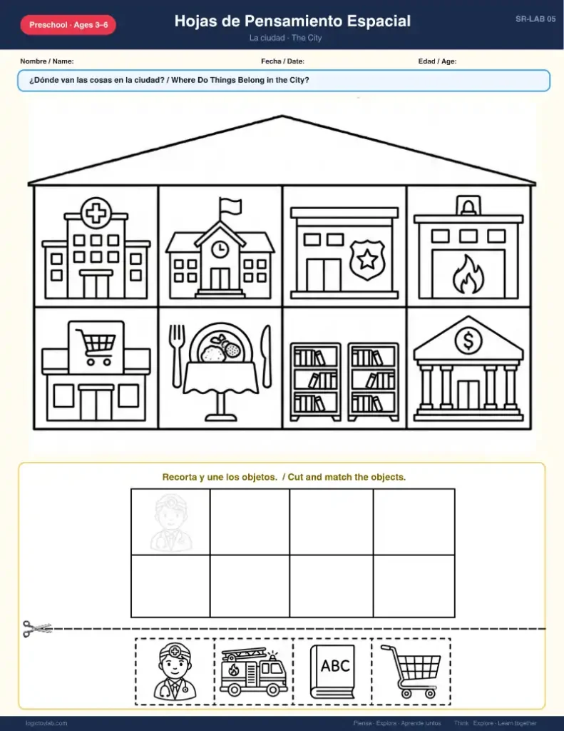 Where Do Things Belong? Spatial Reasoning Worksheets for Kids (Spanish & English, Free Printable PDF Ages 3–6) 2 Actividad de clasificar objetos de la ciudad para niños, hoja imprimible para asociar lugares como hospital, escuela o supermercado (preschool printable)
