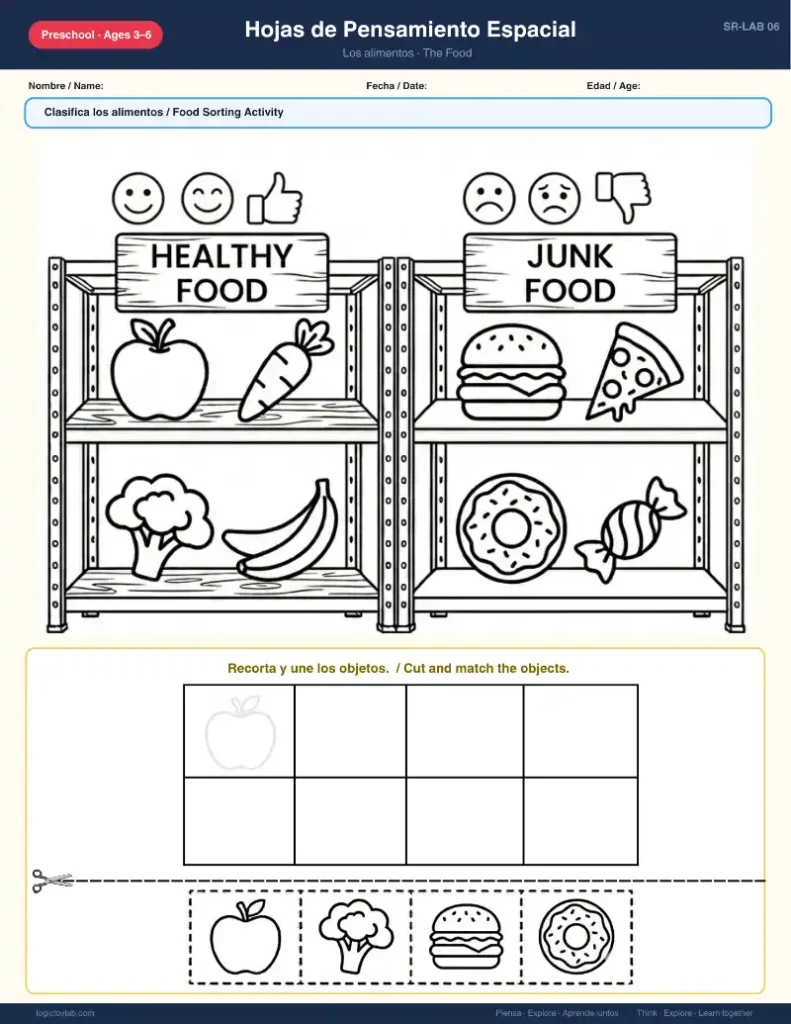 Where Do Things Belong? Spatial Reasoning Worksheets for Kids (Spanish & English, Free Printable PDF Ages 3–6) 3 Actividad de clasificar alimentos saludables y comida basura para niños, hoja imprimible preschool healthy vs junk food sorting
