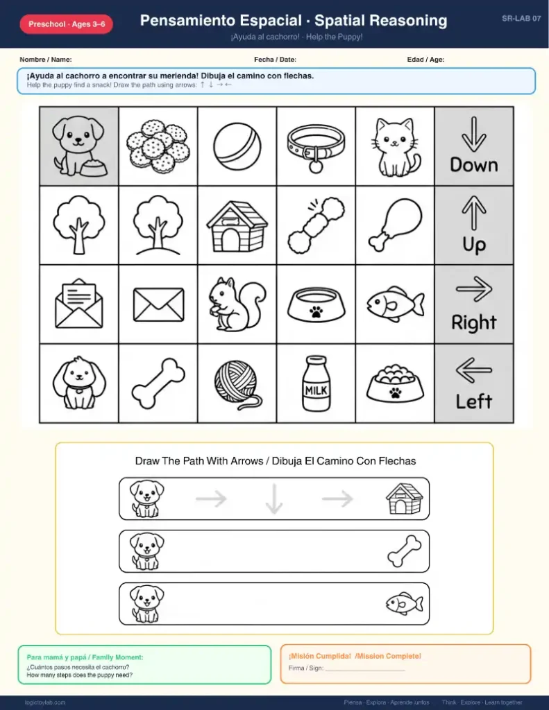 Draw the Path Worksheets for Kids – Spatial Reasoning Activities (Spanish & English Free Printable Ages 3–6) 1 Actividad de dibujar el camino con flechas para niños, ayudar al cachorro a encontrar su comida (draw the path worksheet preschool)