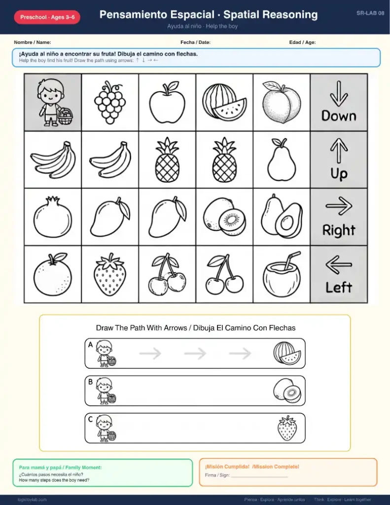 Draw the Path Worksheets for Kids – Spatial Reasoning Activities (Spanish & English Free Printable Ages 3–6) 2 Actividad de camino con flechas para niños, ayudar al niño a encontrar su fruta (preschool arrow path worksheet)