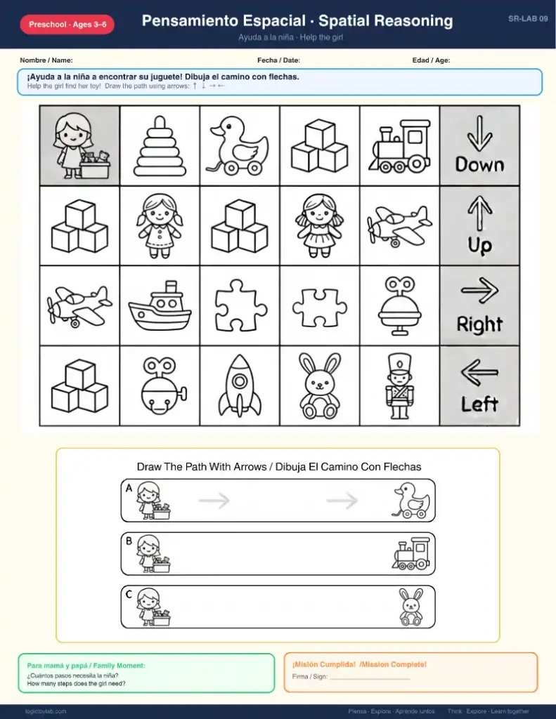 Draw the Path Worksheets for Kids – Spatial Reasoning Activities (Spanish & English Free Printable Ages 3–6) 3 Actividad de dibujar caminos con flechas para niños, ayudar a la niña a encontrar su juguete (spatial reasoning worksheet preschool)