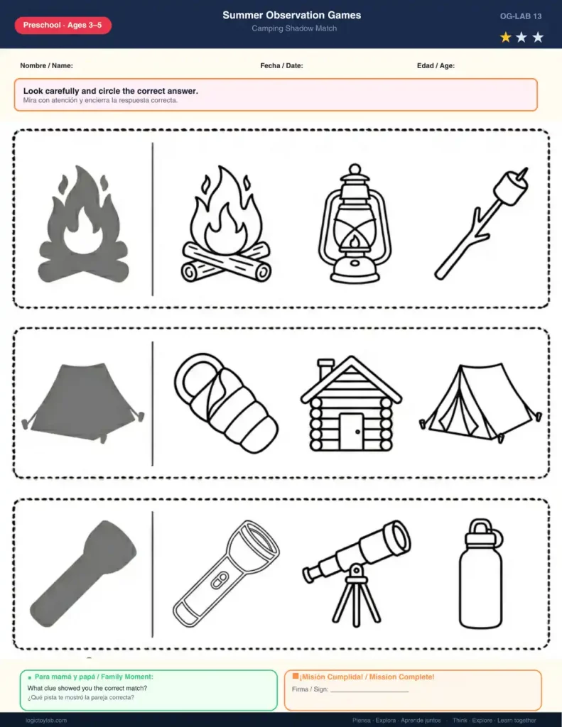 Juegos de Sombras de Verano para Preescolar (3–6 años) 6 Ficha imprimible minimalista en blanco y negro para emparejar sombras de una fogata de campamento, una tienda de campaña y una linterna de mano.
