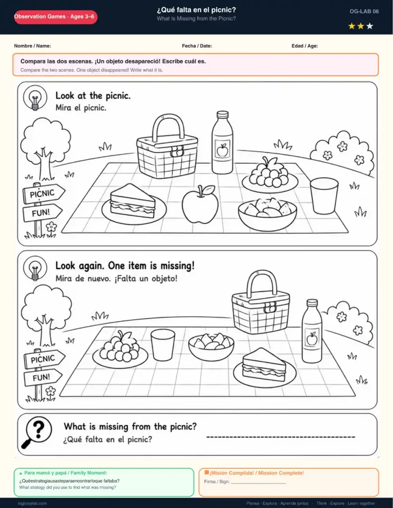 ¿Qué Objeto Falta? Juegos de Discriminación Visual para Niños (Gratis) 3 Ficha interactiva de observación para niños sobre qué falta en el picnic escolar o familiar.