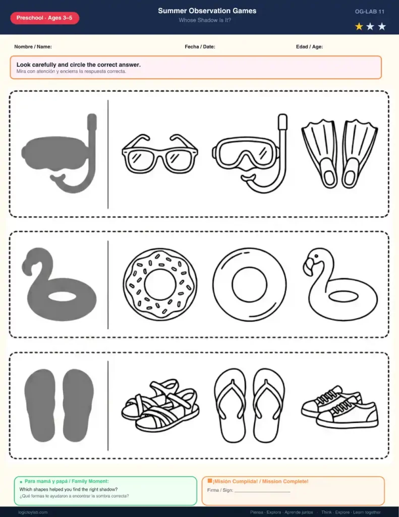 Juegos de Sombras de Verano para Preescolar (3–6 años) 5 Ejercicio de lógica visual infantil en blanco y negro para identificar la sombra de una máscara de esnórquel, un flotador de flamenco y chanclas de playa.