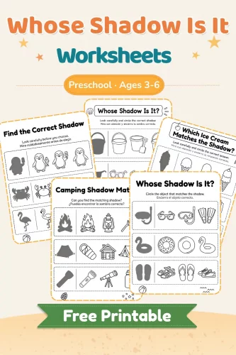 Portada de la colección de fichas imprimibles "Whose Shadow Is It Worksheets" con un diseño de playa y muestras de las hojas de actividades de sombras de verano.