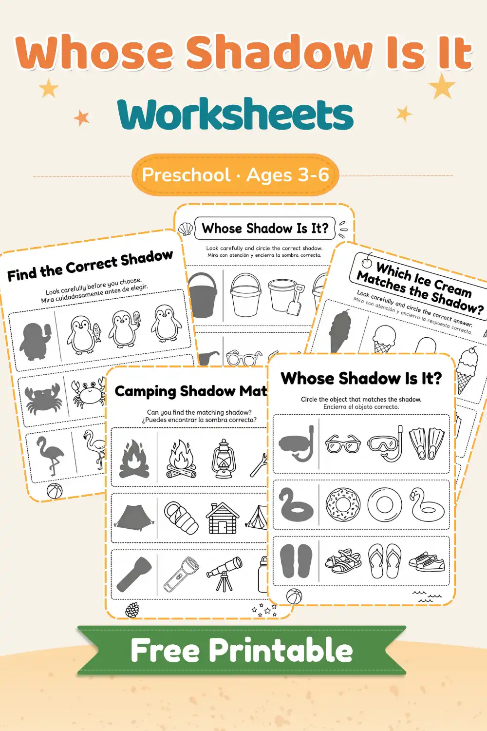 Juegos de Sombras de Verano para Preescolar (3–6 años) 1 Portada de la colección de fichas imprimibles "Whose Shadow Is It Worksheets" con un diseño de playa y muestras de las hojas de actividades de sombras de verano.