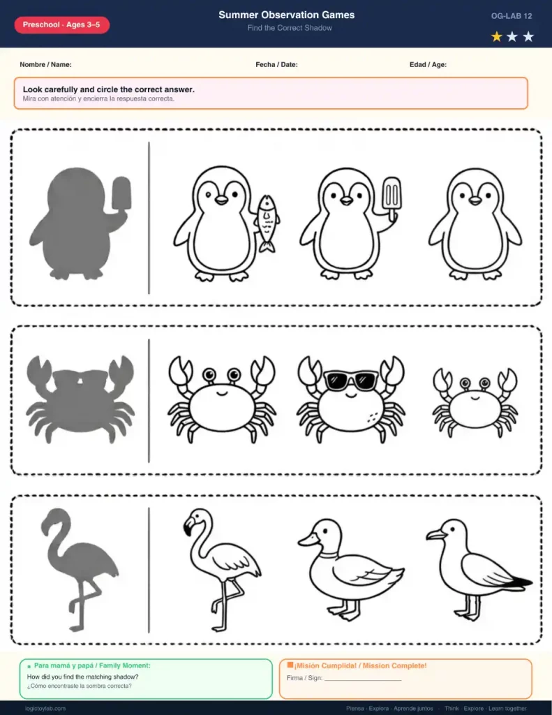 Juegos de Sombras de Verano para Preescolar (3–6 años) 4 Ficha de observación con animales veraniegos: un pingüino comiendo un polo de hielo, un cangrejo con gafas de sol y un flamenco sobre una pata junto a sus sombras.