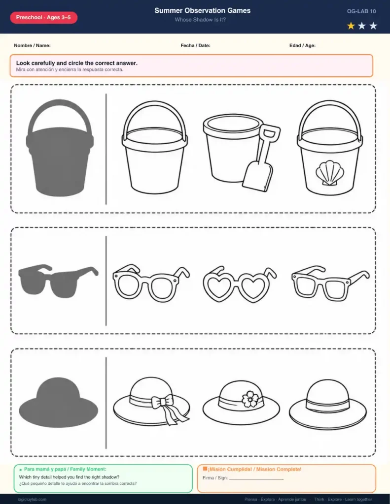 Juegos de Sombras de Verano para Preescolar (3–6 años) 3 Actividad de unir sombras para preescolar con dibujos lineales de un balde de playa, gafas de sol con forma de corazón y un sombrero de sol.