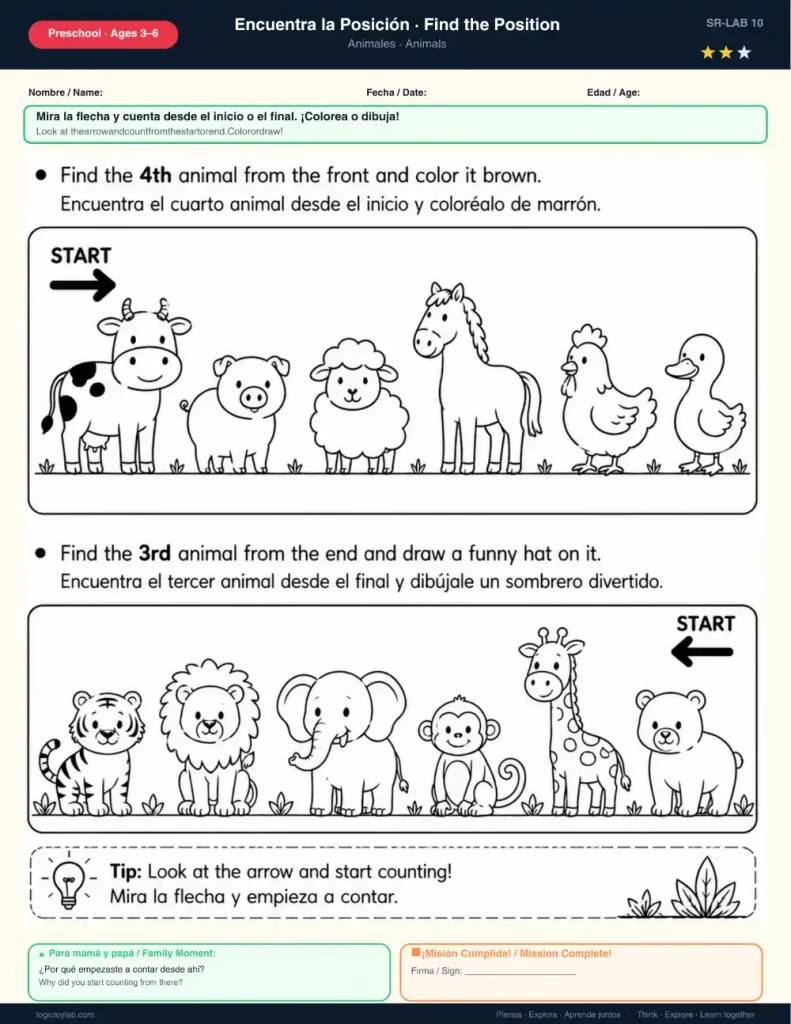 Find the Position Worksheets for Preschool (Ages 3–6) – Free Printable Spatial Reasoning Activities in English & Spanish 1 Animal position worksheet for preschool children practicing counting from the beginning and end