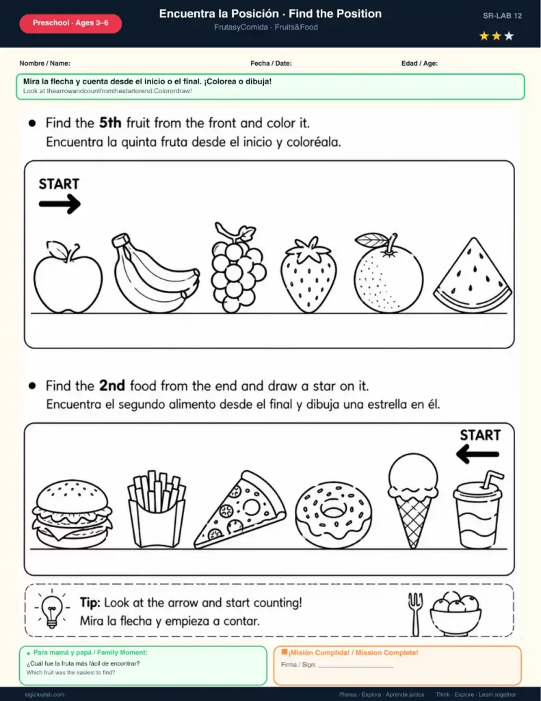 Find the Position Worksheets for Preschool (Ages 3–6) – Free Printable Spatial Reasoning Activities in English & Spanish 3 Fruit and food position worksheet for preschool children with counting and visual reasoning activities