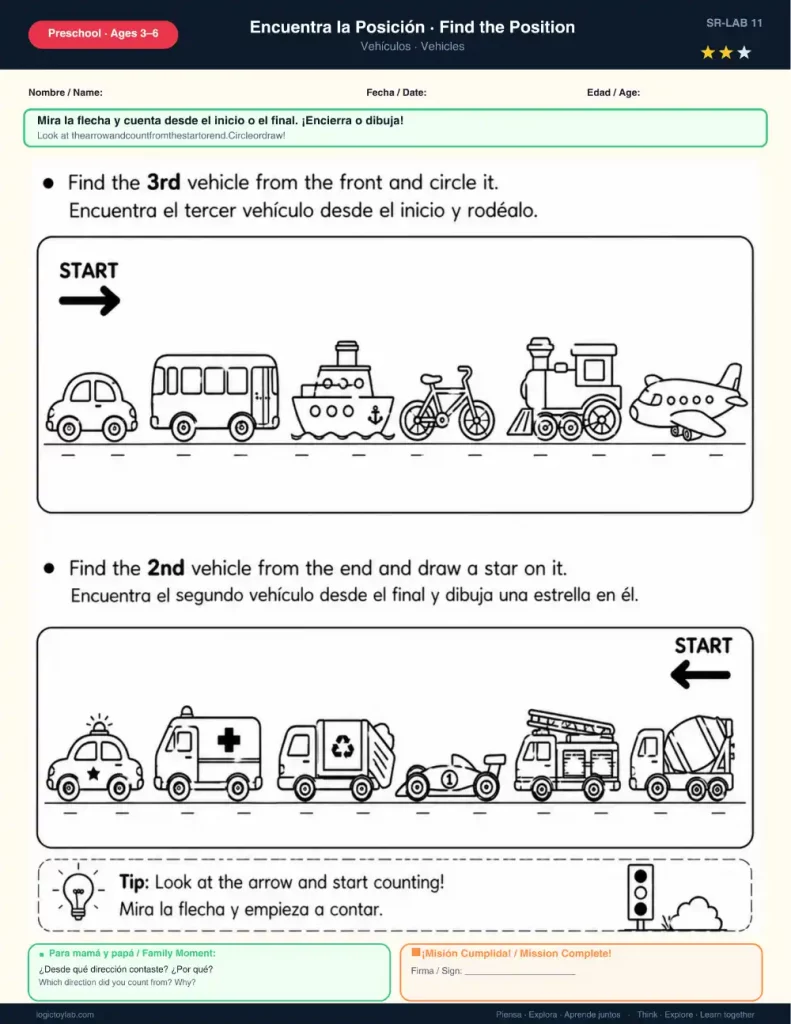 Find the Position Worksheets for Preschool (Ages 3–6) – Free Printable Spatial Reasoning Activities in English & Spanish 2 Vehicle position worksheet for preschool with transportation counting activities